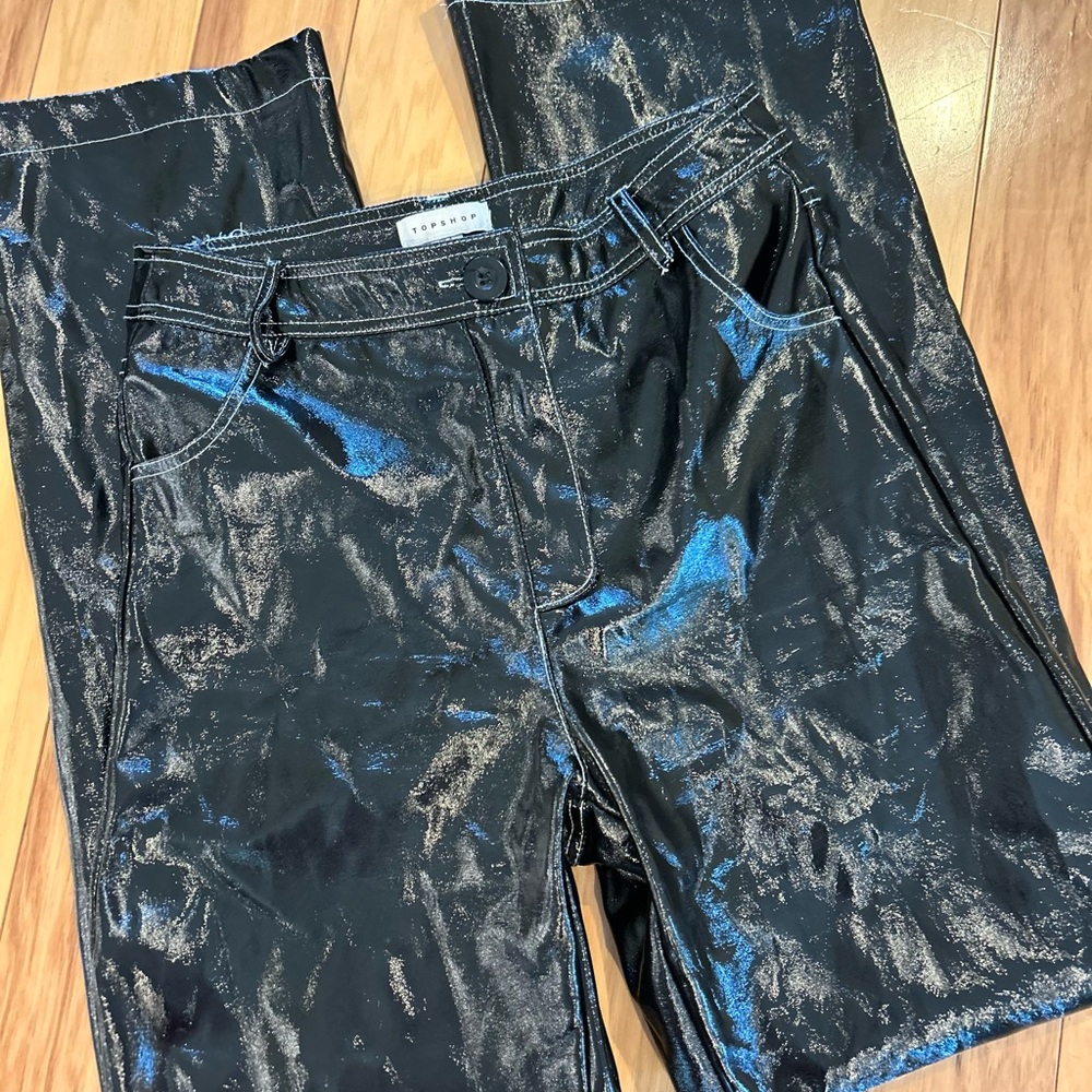 Topshop Metallic Foil Coated Black Pants Size 2 Y2K Rocker Glam